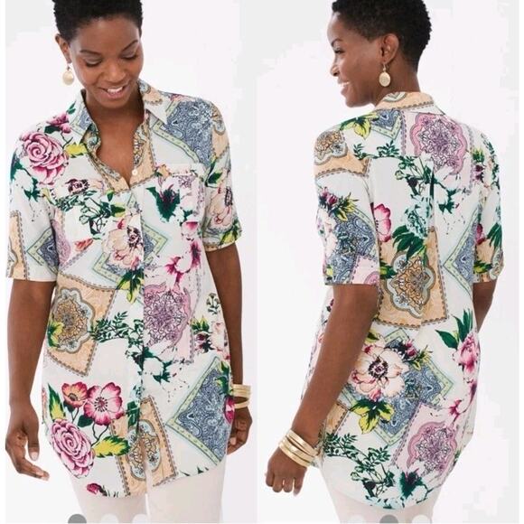 Chico's Tops - Chico's Floral Tiles Tunic Button Front Top colorful mix print